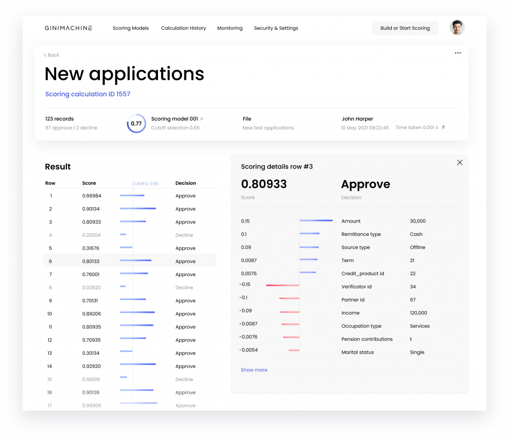 GiniMachine interface: it demonstrates the result of scoring